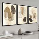 Kit Quadros Decorativo 3 peças 60x40 Mosaico MDF Trio Folhagem Folhas Abstrato Dourado Moderno Hall