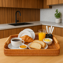 Bandeja de Servir Café da Manhã com Alça Vime Rattan Decorativa Mesa Cozinha Servir Luxo Organizador