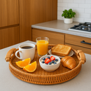 Bandeja de Servir Café da Manhã com Alça Vime Rattan Decorativa Mesa Cozinha Servir Luxo Organizador